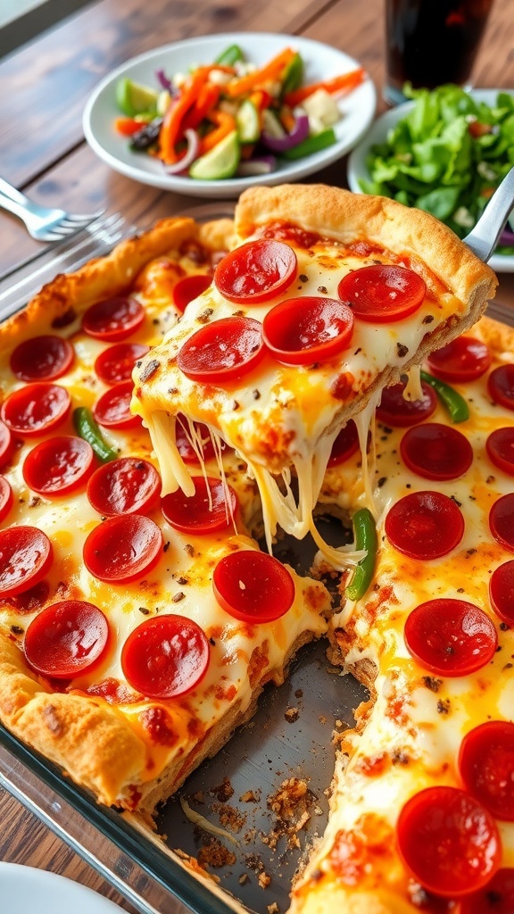 A cheesy casserole pizza with pepperoni and bell peppers, served in a baking dish on a wooden table.